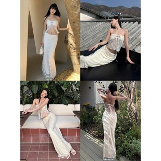 ⭐Soroh⭐กระโปรงยาวลายลูกไม้ ชุดเซ็ท สีครีมนัวๆ ซีทรู เข้ารูป …