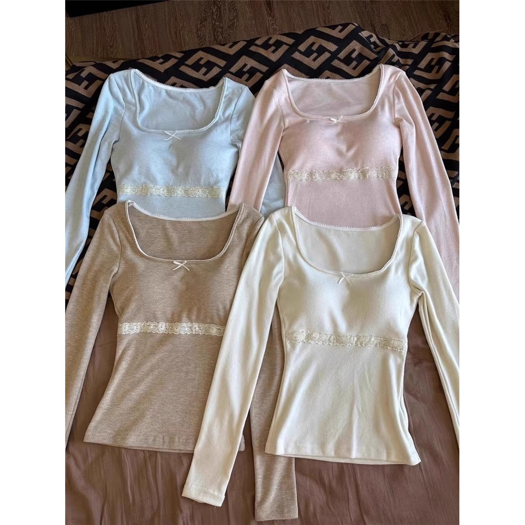 🍑Mary🍑เสื้อแขนยาว เสริมฟองน้ำในตัว ผ้านิ่ม สีพื้น เสื้อยืดเข้ารูปคอยู เรียบๆใส่ได้ทุกวัน สไตล์เกาหลี