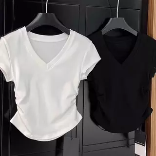สาวลดอายุ ความรู้สึกของการออกแบบ แต่งจีบย่น เสื้อจั๊มเอว ใส่แล้วเพรียว แขนสั้น เสื้อเชิ้ตเอวลอยผู้หญิง แฟชั่นฤดูร้อน ทรง