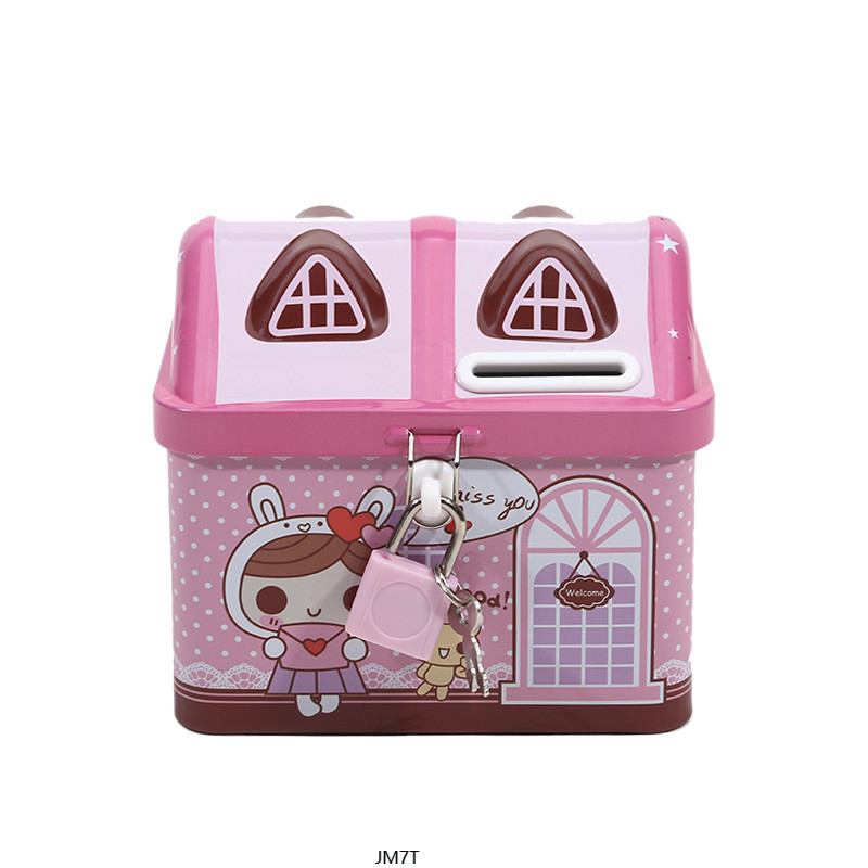 JM7T-1 PC Creative Metal Penny Bank พร้อมกล่องกุญแจล็อคบ้านน่ารักรุ่น Bank กล่องโลหะ