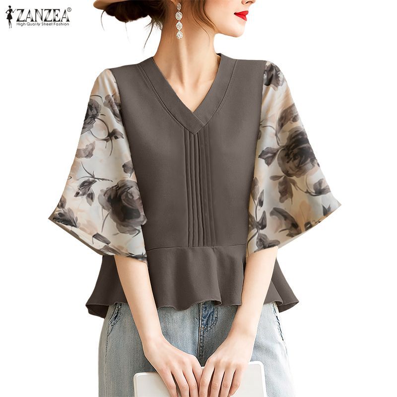ZANZEA เสื้อเบลาส์จับจีบพิมพ์ลาย คอวี สไตล์เกาหลีสำหรับผู้หญิง