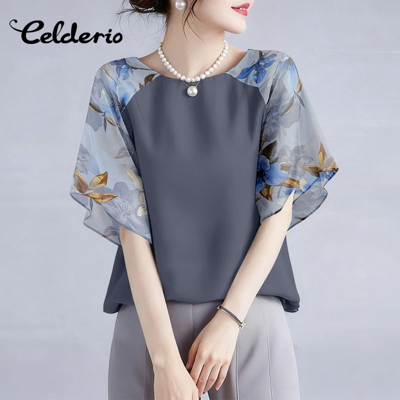 Celderio ครึ่งแขนเสื้อสไตล์เกาหลี สำหรับฤดูร้อน พิมพ์ลายดอกไม้และขอบกระพุ้งpretty