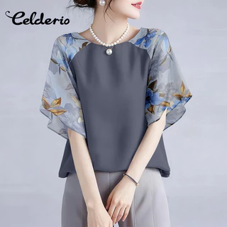 Celderio ครึ่งแขนเสื้อสไตล์เกาหลี สำหรับฤดูร้อน พิมพ์ลายดอกไม้และขอบกระพุ้งpretty