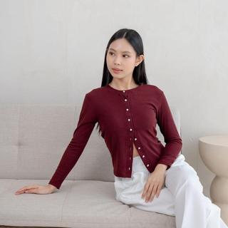 AIJO - Jane Cardigan - Atasan Lengan Panjang Wanita - Cardigan Kancing Atasan Wanita Terbaru Korean Style - Mahogany