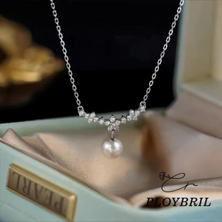 PLOYBRIL สร้อยคอมุกแบบเพทาย สไตล์เกาหลี สำหรับผู้หญิง สีเงิน พร้อมเป็นของขวัญวันเกิด X015