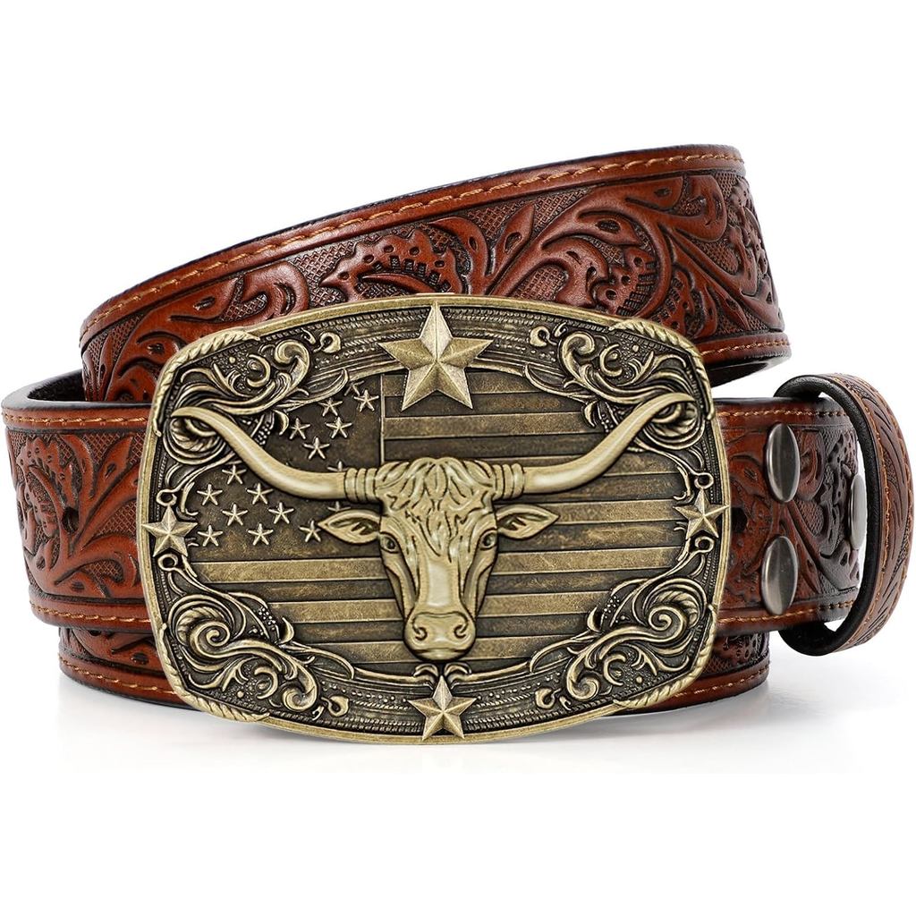 SANSTHS Western Cowboy Belts for Men Women, Mens Western Belt Bull Buckle Country Belt Cowboy Leathe
