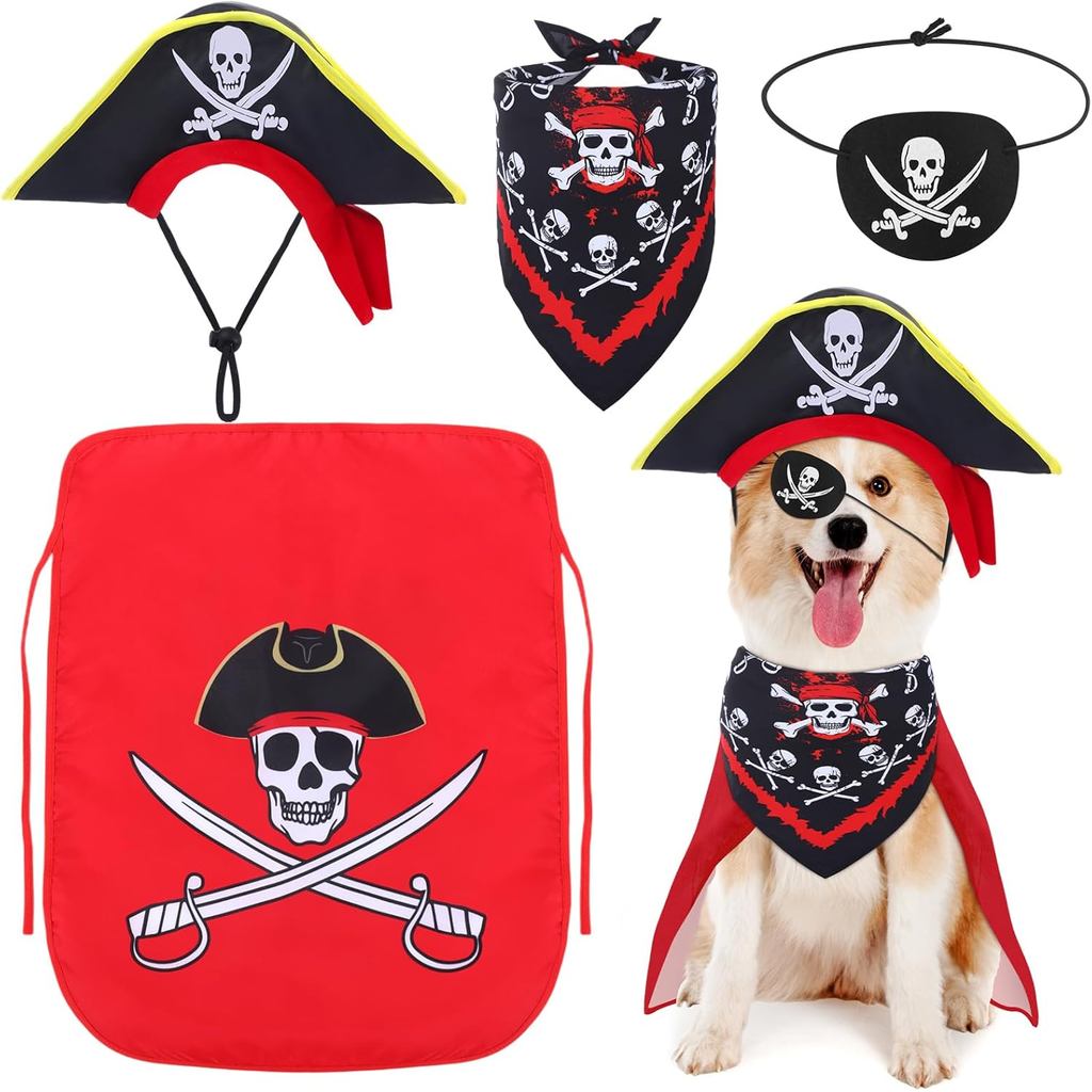 4 Pcs Dog Pirate Costume Set Dog Pirate Hat Pet Skull Triangle Bandana Puppy Cape and Eye Mask for H