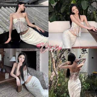 Cilset🛒พร้อมส่ง🎀 ชุดเซ็ท เกาะอก+กระโปรงยาวลายลูกไม้ สีครีมนั…