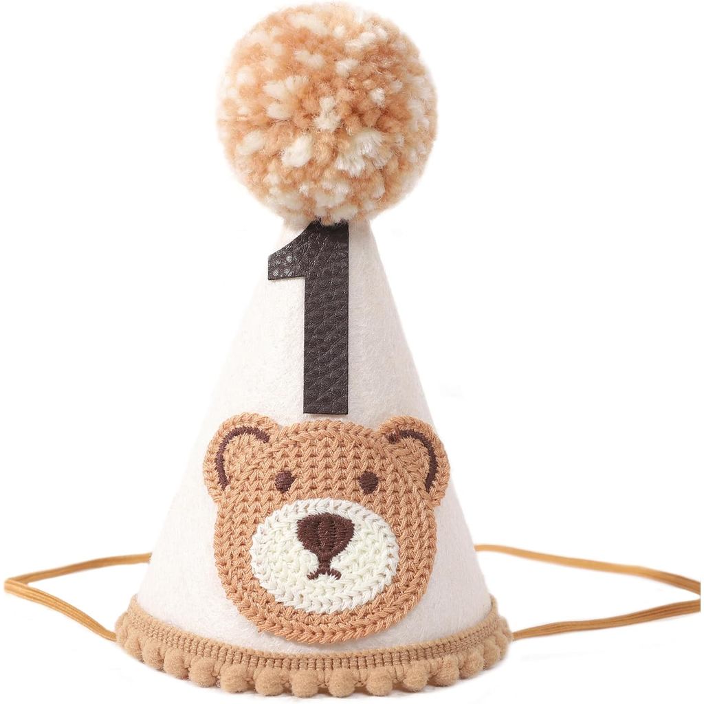 Bear 1st Birthday Party Decorations - Teddy Bear Crown Outfit, Woodland Camping Theme, Cone Hat