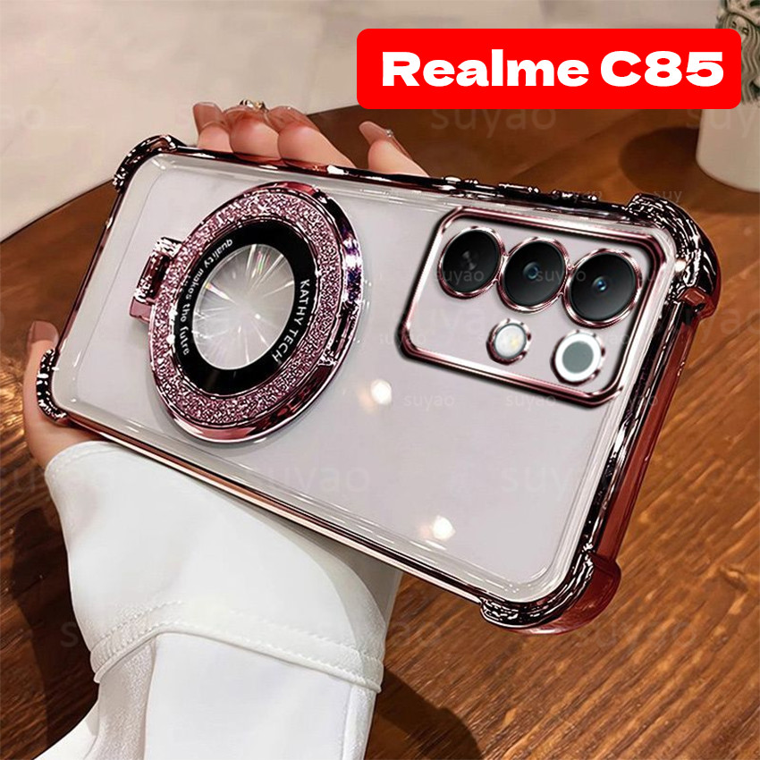 สําหรับRealme C85 Pro C100 C100i C100X C85Pro C75 16 15T 2025 เคสโทรศัพท์Blingผู้ถือแหวนTPU ElectroplatedปลอกRealmeC85 โปร่งใสกันกระแทกป้องกันนุ่มปกหลัง