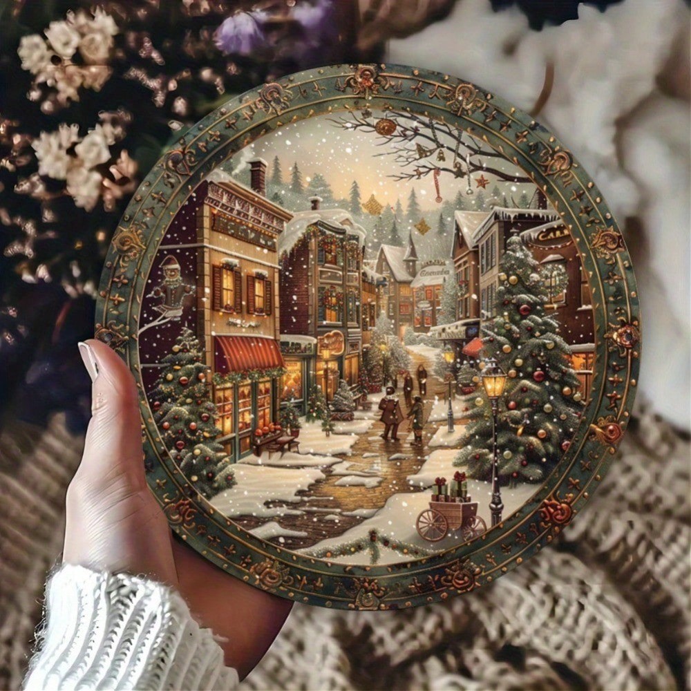 CIFbuy 2D Vintage Christmas ป้ายอลูมิเนียม 8x8 นิ้ว Snow Night Street ฉาก Wall Art สําหรับในร่มกลางแ