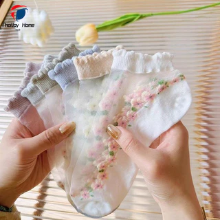 พร้อมส่ง 5คู่ถุงเท้าสั้นระบายอากาศญี่ปุ่นน่ารักสำหรับผู้หญิง ถุงเท้าฤดูใบไม้ผลิและฤดูร้อน แบบบางและคริสตัลถุงเท้าเรือ