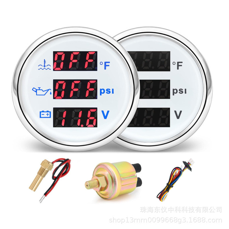 อุณหภูมิน้ํา (40°F-120°F) แรงดันน้ํามัน (0-145PSI) โวลต์มิเตอร์ (9-32V) พร้อมเซนเซอร์