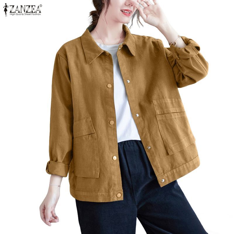 ZANZEA เสื้อแจ็คเก็ตคาร์โก้แขนยาวแบบกระดุมแถวเดียว
