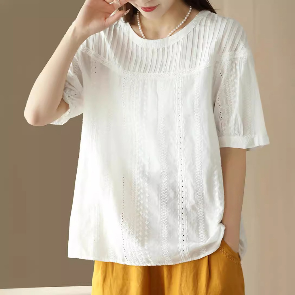 สินค้าคุณภาพสูงสำหรับผู้หญิง ทำจากฝ้าย 100% เสื้อลูกไม้แขนสั้นสีทึบทรงหลวม