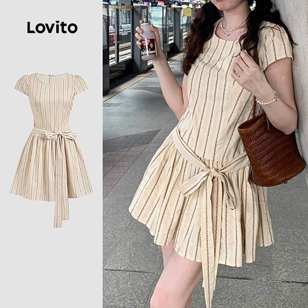 Lovito ชุดแมทช์น่ารัก แขนผ้าผูกด้านหน้า ชุดฤดูใบไม้ผลิ/ฤดูร้อน สีแอปริคอท L151AD110