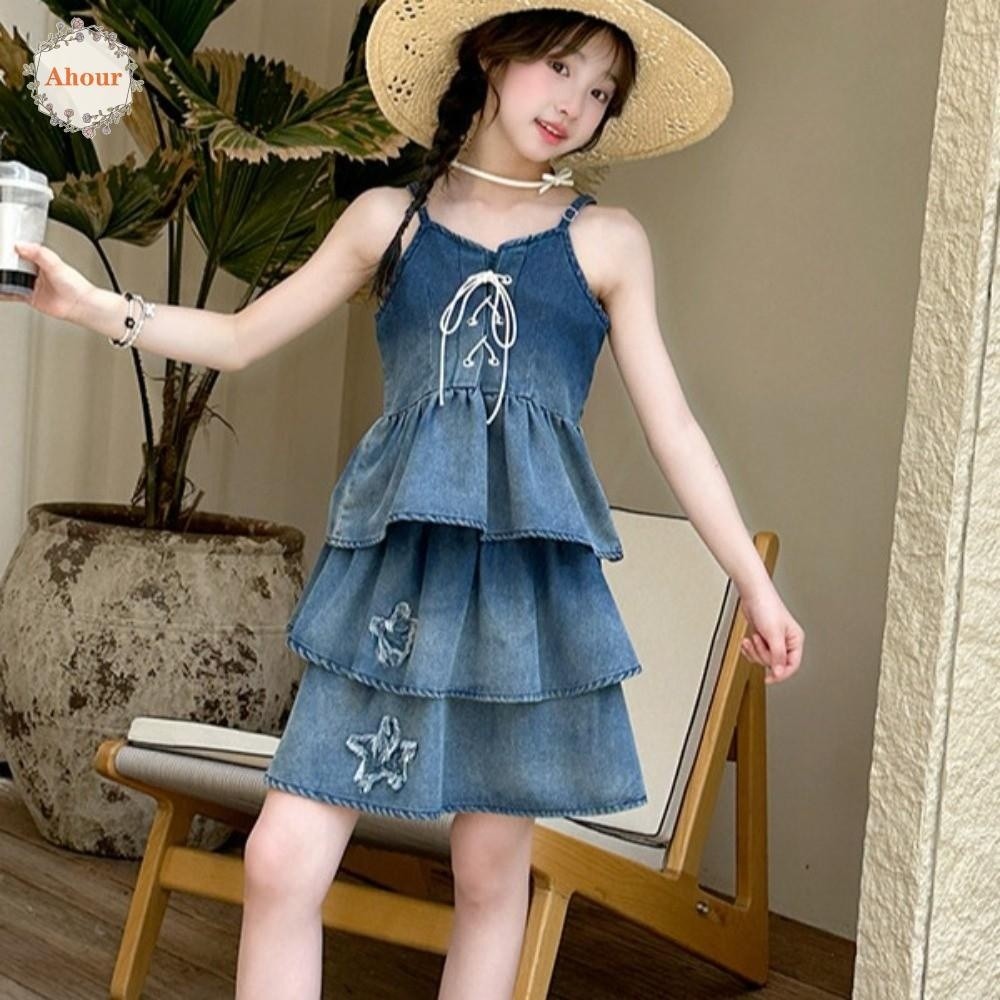 AHOUR Girls Cowboy Dress Gradient Denim Skirt Sleeveless Puff Lace Korean Style