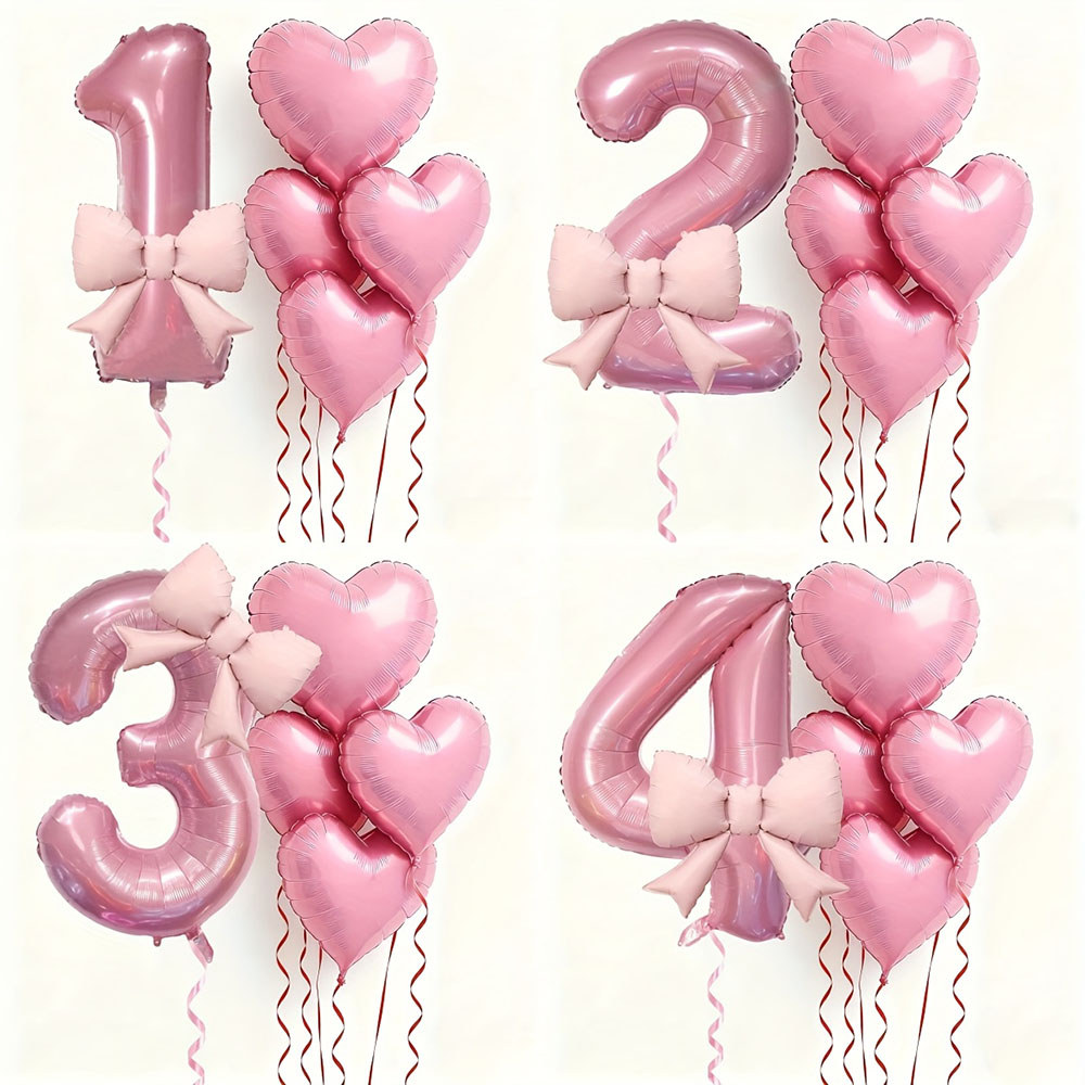 6ชิ้นสีชมพูโบว์หัวใจรักบอลลูน32นิ้วสีชมพูจํานวนฟอยล์บอลลูนสําหรับงานเลี้ยงวันเกิดงานแต่งงานหมั้นผู้ประกาศตกแต่ง
