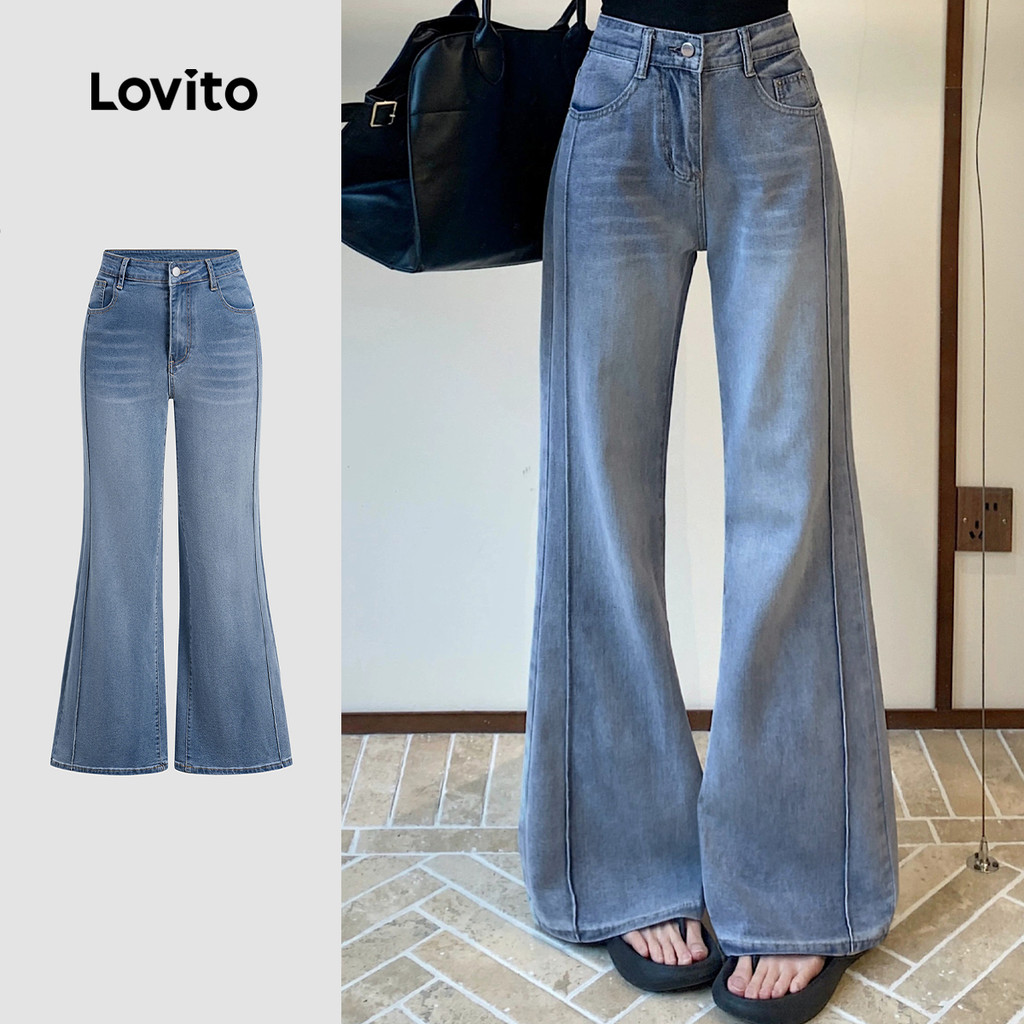 Lovito กางเกงยีนส์ลำลองButton กระเป๋า Spring/Summer สีน้ำเงินสำหรับผู้หญิง L151AD098