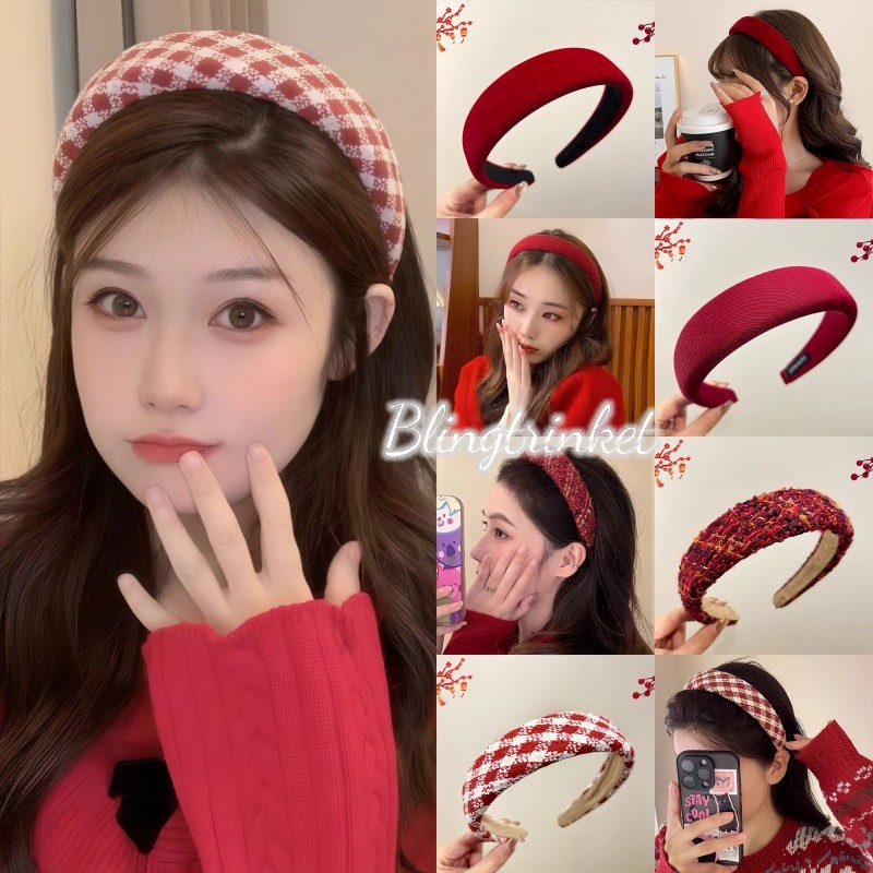 Bling Trinket💖ที่คาดผมคริสต์มาสสีแดง ที่คาดผม/กิ๊บติดผมแบบทอ สไตล์ฤดูใบไม้ร่วง/ฤดูหนาวสำหรับผู้หญิง ทันสมัยและประณีต