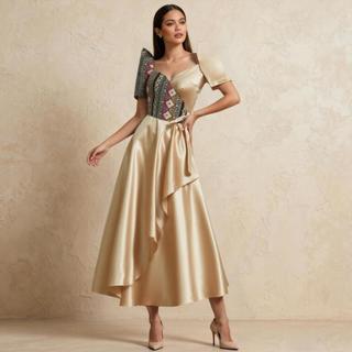 Amyenjoylife Modern Filipiniana Traditional Ethnic Clothing Patchwork Professional Dress Stylish Christmas Elegant Tie-Waist Dress