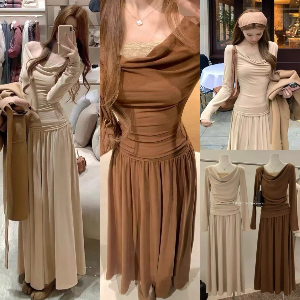 🍭 🇰🇷 Y9593 เซ็ท 2 ชิ้น เสื้อคอถ่วงแขนยาว แต่งผ้าลูกไม้ช่วงชก มาพร้อมกระโปรงยาว   แฟชั่นเกาหลี TAG Y 