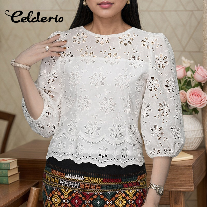 Celderio สไตล์เกาหลี เสื้อเชิ๊ตคอไทด์ลายแพทเทิร์น แขน3/4 ผ้าลูกไม้