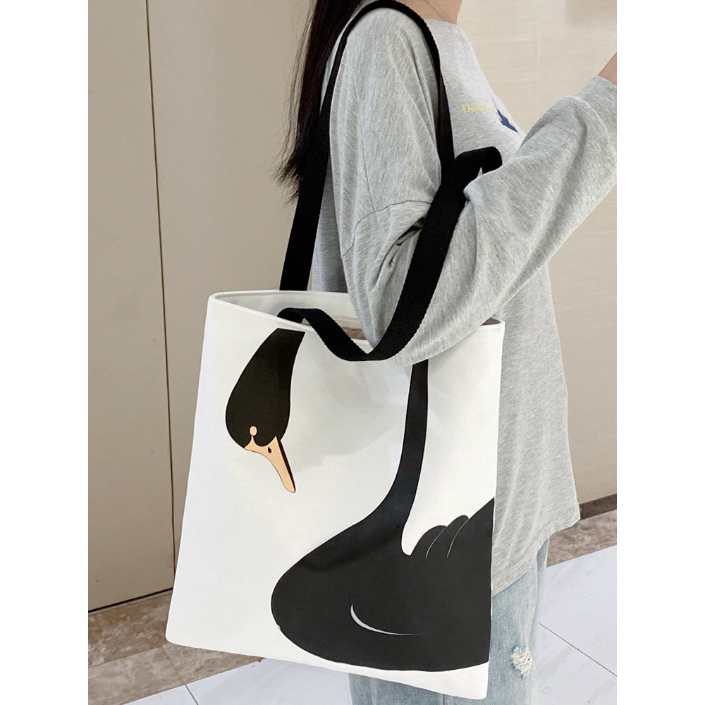 tote bag กระเป๋าผ้าสีดำมีซิป Student Tote Portable Strong Lazy Style Canvas Bag