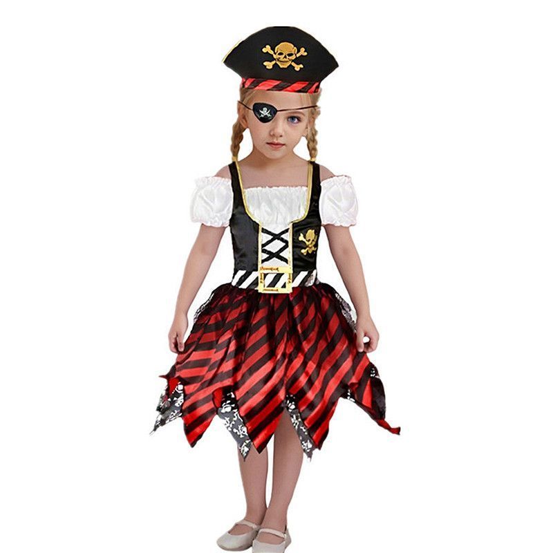 Girl Pirate Pirate of the Caribbean คอสเพลย์ชุดพิมพ์ Skull ลายลูกไม้กระโปรงโจรสลัดหมวก Eye Mask T112