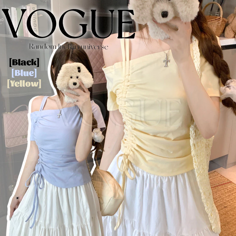 Vogue🌟พร้อมส่ง🌟 เสื้อแขนสั้นเปิดไหล่ ใส่สบายสีพาสเทล ทรงรัดรูป ผ้านุ่มนิ่ม (FY2542)