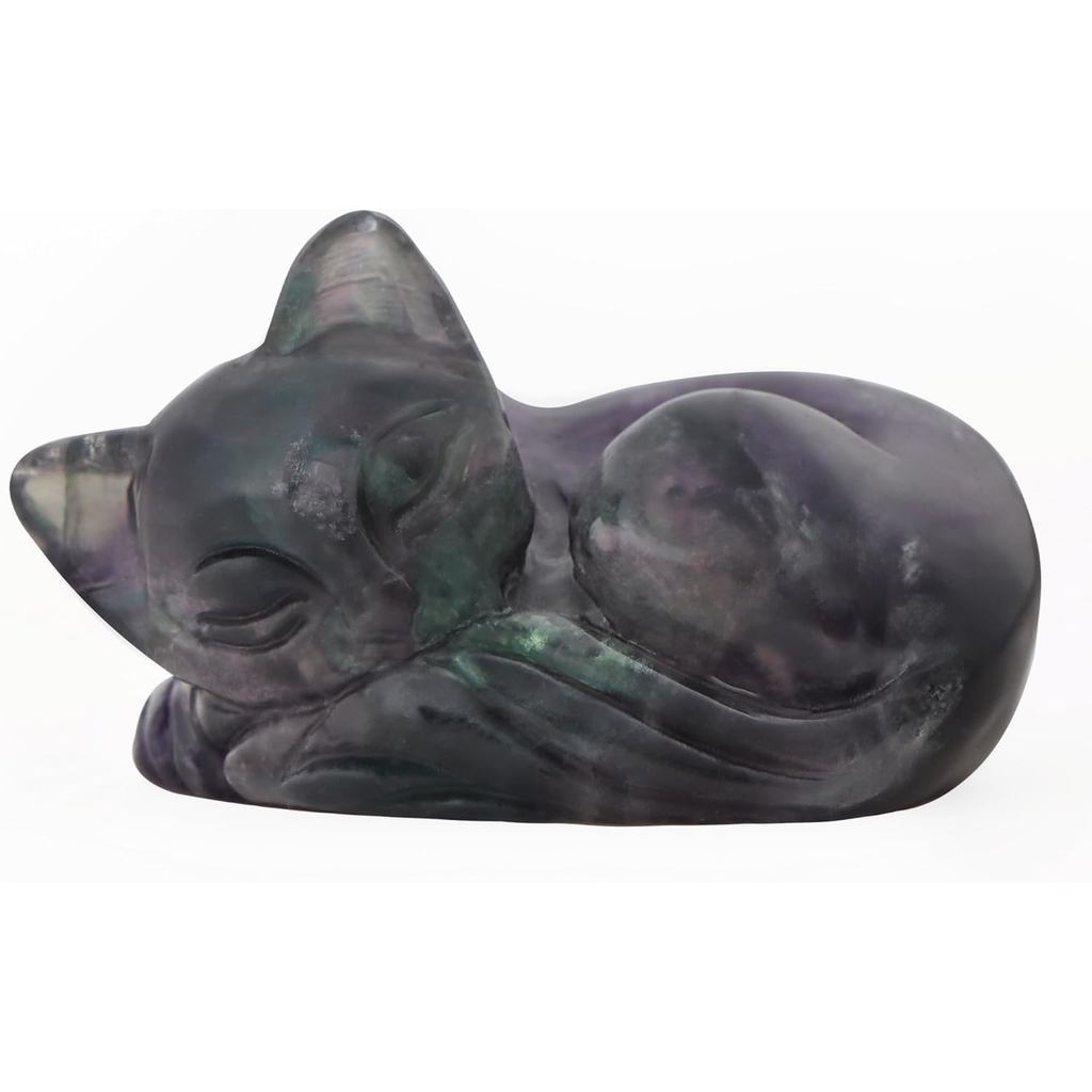 Artistone 2" Sleeping Cat Statue Rainbow Fluorite Healing Crystals Hand Carved Cute Kitten Figurine,
