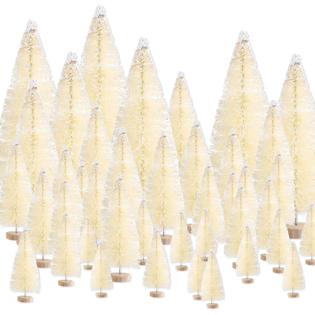30Pcs Ivory Artificial Mini Christmas Trees, Bottle Brush Christmas Trees with Wooden Base, Miniatur