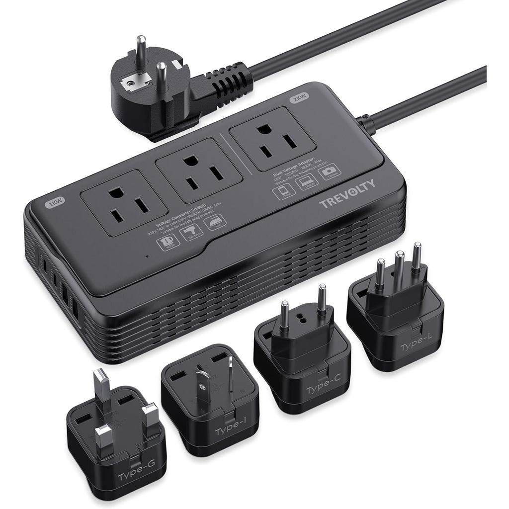 2000W Voltage Converter US to Europe, 7-in-1 220V to 110V Converter Combo with 3 AC Outlets, 2 USB &