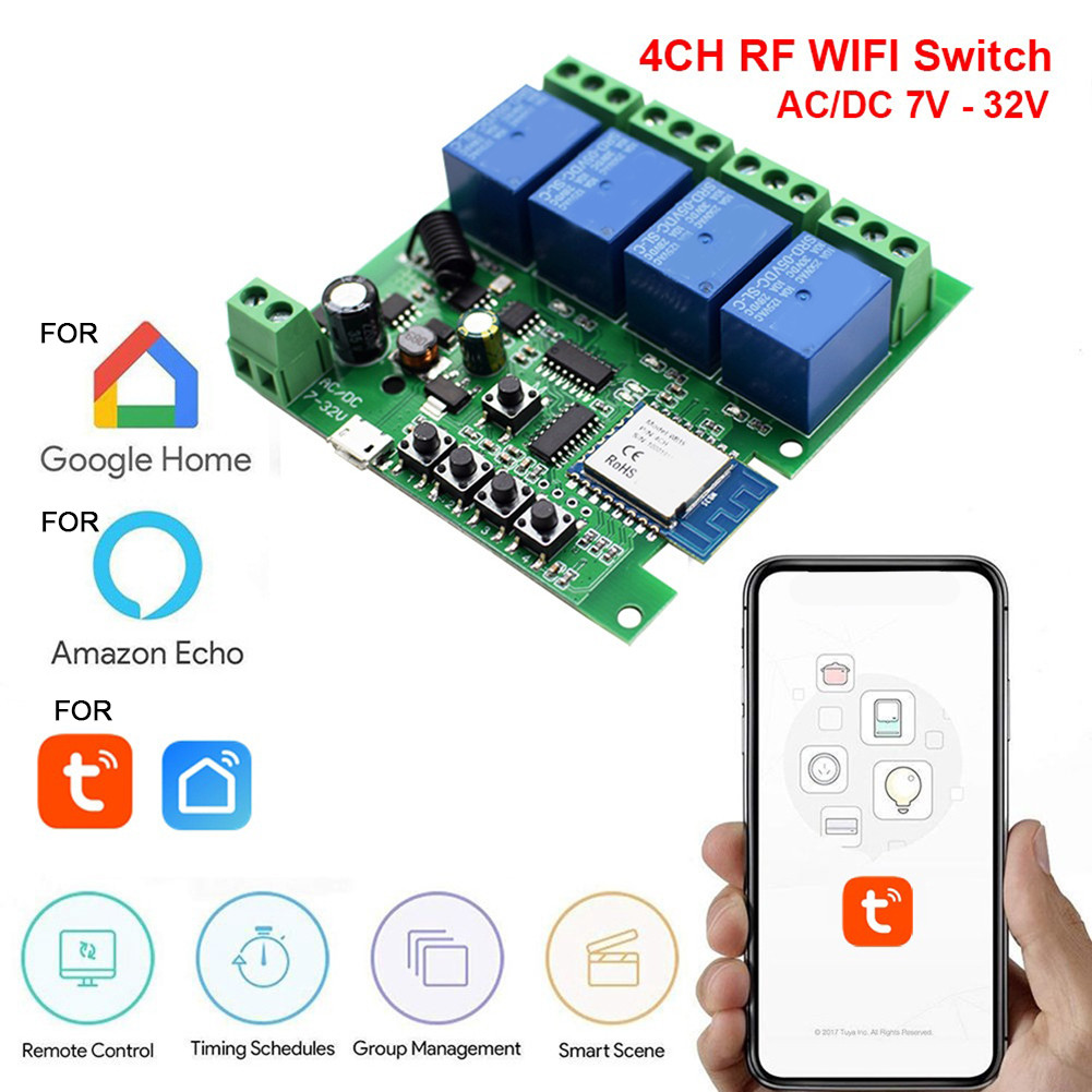<oncemorg>สําหรับ Tuya WIFI RF สําหรับ Smart Life Control โมดูลสวิทช์ 4CH รีเลย์โมดูลสวิทช์ DC5-32V