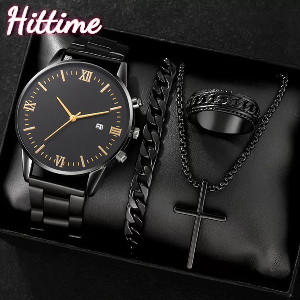 HITTIME 4 ชิ้นนาฬิกาผู้ชายชุดธุรกิจนาฬิกาควอตซ์ปฏิทินนาฬิกาข้อมือสร้อยคอสร้อยข้อมือแหวนชุดอุปกรณ์เสร