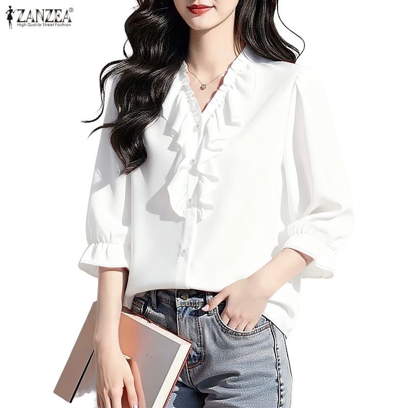 ZANZEA เสื้อผ้าสไตล์เกาหลีสำหรับผู้หญิง ตัวพิมพ์ลาย Elegance V-neck พร้อมชายกระดุมระบาย และแขนหลวมแบบโคมไฟ ใส่สบายในวันร้อนๆ