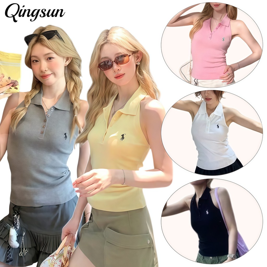 🌻Qingsun เสื้อคอปก แขนกุด เข้ารูป สีพื้น เสื้อผ้าแฟชั่นผู้หญิง