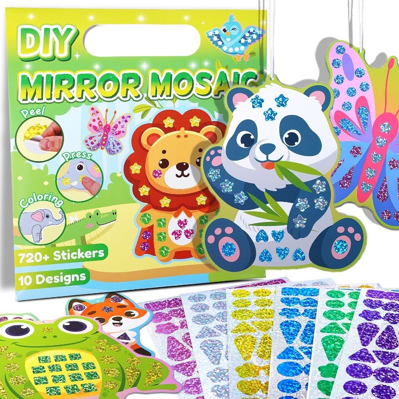 สติกเกอร์โมเสก DIY สติกเกอร์โมเสคที่มีสีสันเด็ก วางภาพวาด+สมุดระบายสี 2 อิน 1 ทำด้วยมือสำหรับเด็ก