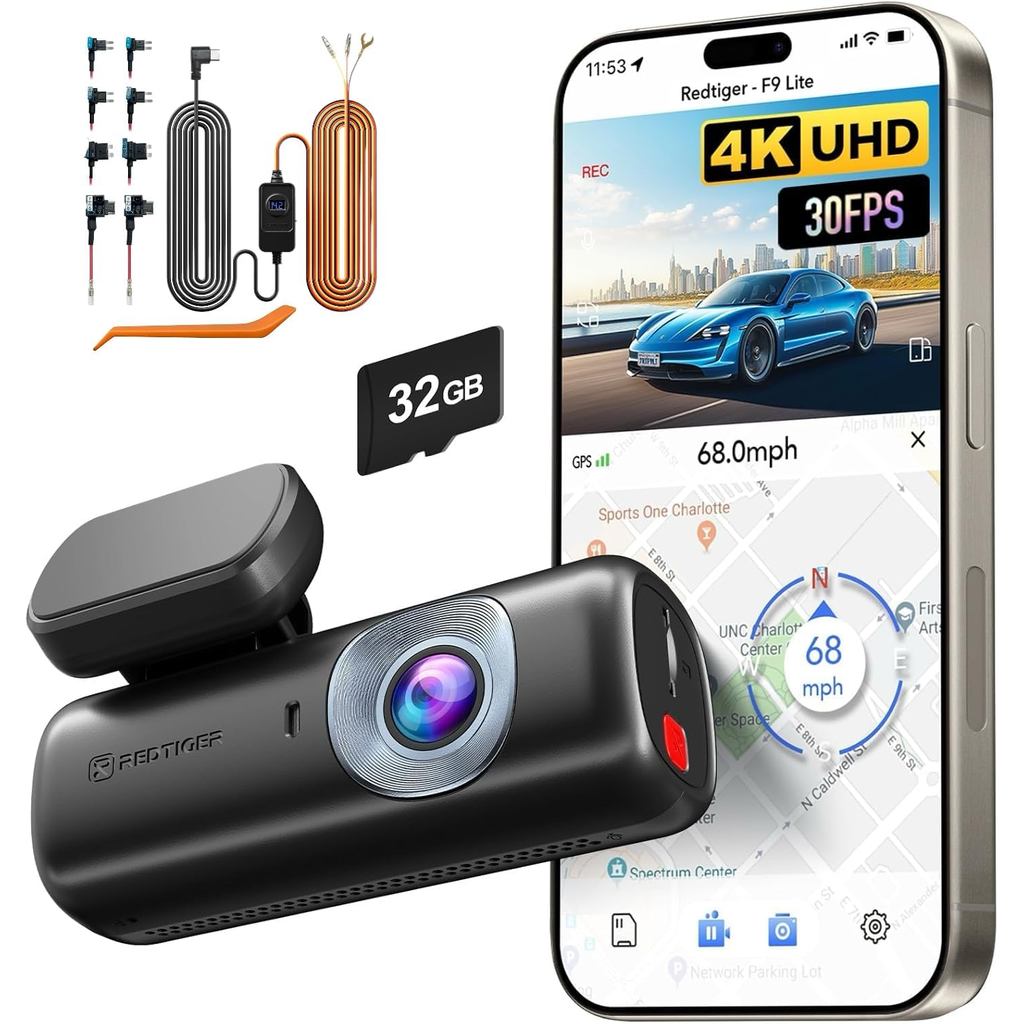 REDTIGER F9 Lite & Acc, 4K Dash Cam Front, ADAS, WiFi GPS ในตัว, Mini Hidden Dash Camera สําหรับรถยน