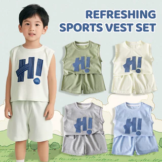 【สินค้าพร้อมส่ง】 ชุดเสื้อผ้าเด็กผู้ชาย เสื้อกั๊กฤดูร้อน ผ้าถักลายวาฟเฟิลระบายอากาศได้ดี แขนกุด สำหรับเด็กวัยหัดเดิน 【GoodRich】