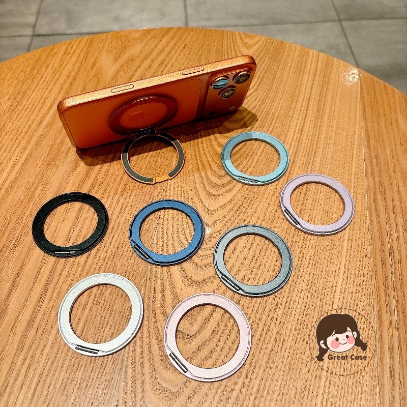 อลูมิเนียมอัลลอยด์บางเฉียบ 360 หมุนขาตั้งโทรศัพท์วงเล็บแบบพกพาผู้ถือแหวนกาวสากลสีส้มเรียบง่ายวงเล็บพับ