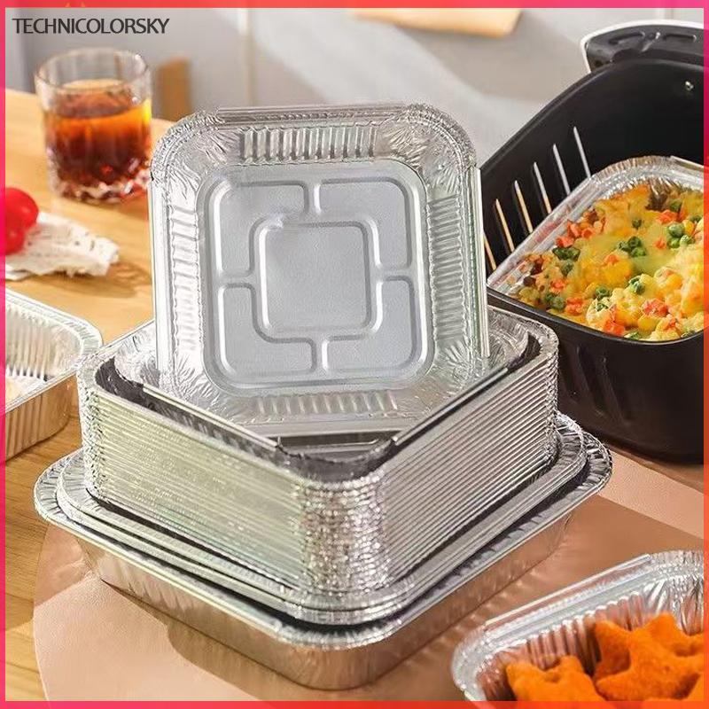 Technicolorsky 10 ชิ้น 20 ซม.Air Fryer กระทะอลูมิเนียมฟอยล์ภาชนะบรรจุอาหารเตาอบสี่เหลี่ยมถาดบาร์บีคิวน้ํามันหลักฐานไม่ติดเครื่องมืออบอุปกรณ์ครัว TSY