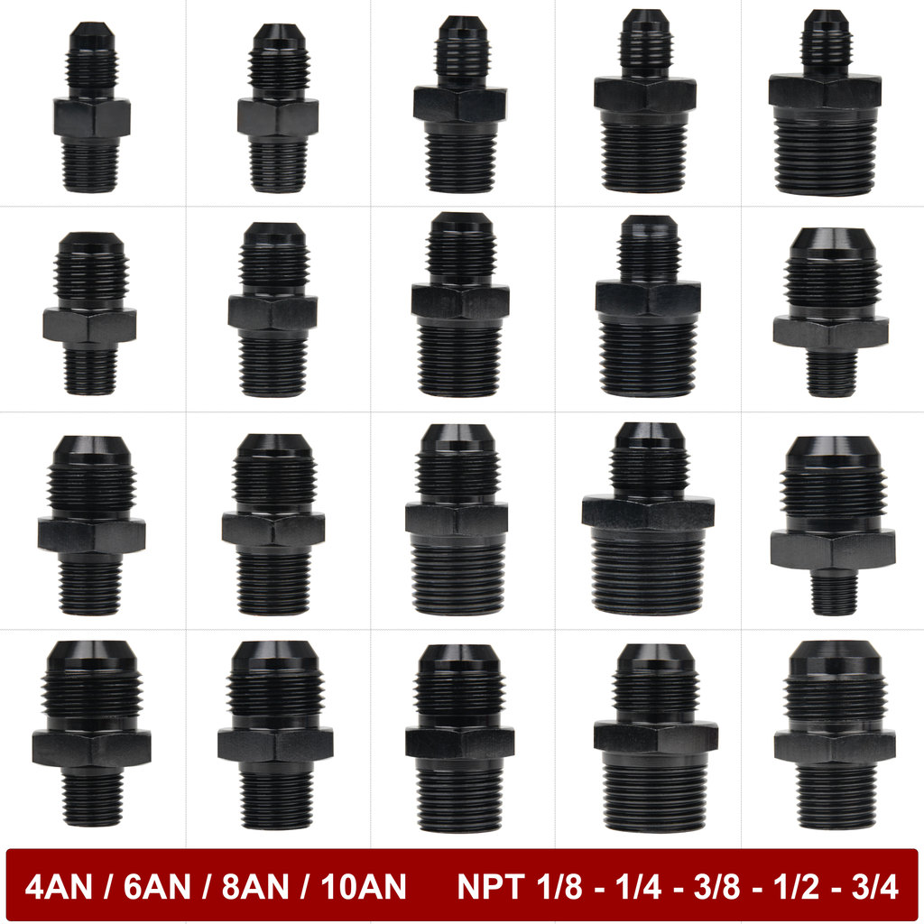 ตรงหัวฟิตติ้งใส่ออกเกลียวข้อต่อะแดปเตอร์AN3 AN4 AN6 ขนาด AN8 AN10 12AN-NPT 1/8" 1/4" 3/8" 1/2" 3/4" NPT ใช้กับระบบน้ำมันเข้าหัวฟิตติ้งOil Hose Fitting Adaptor Fuel Connector