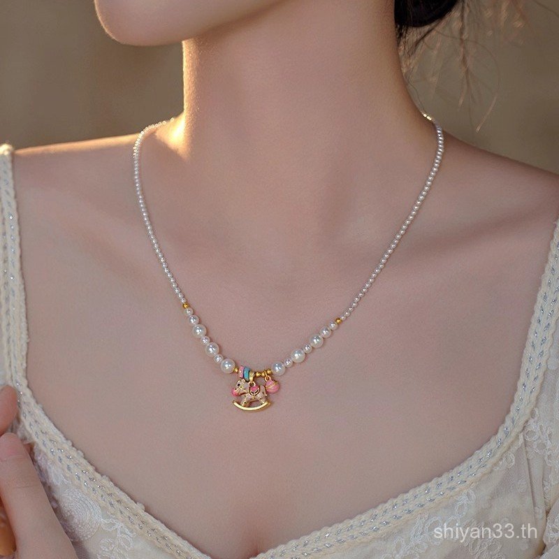 สร้อยคอมุกต่างหูสไตล์ย้อนยุค Retro หรูหรา แบบ Dopamine Clavicle Chain FP1H