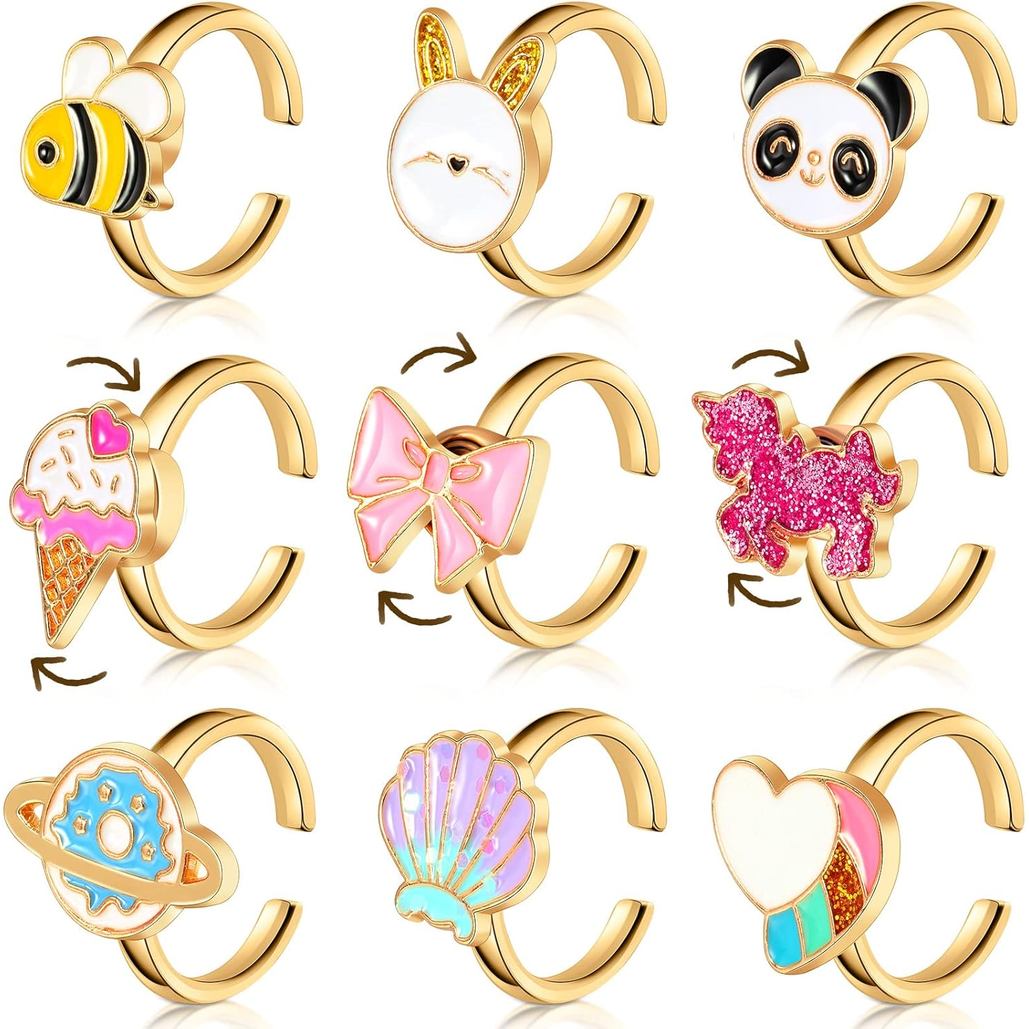 9 Pieces Fidget Anxiety Rotatable Open Ring Set Cute Spinner Rings for Anxiety Stackable Rotating Ca