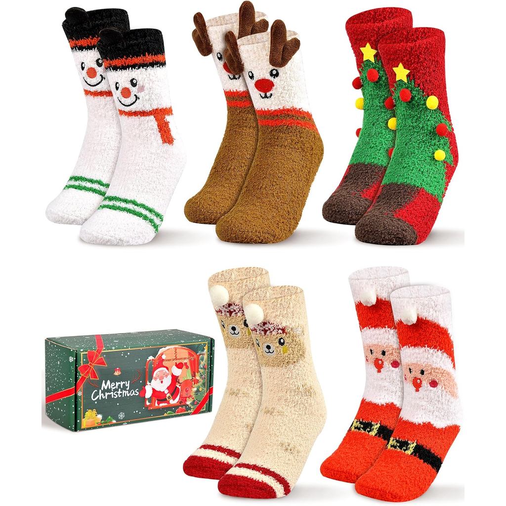 Christmas Fuzzy Socks Women Girls - 5 Pairs Cute Slipper Fluffy Sock with Christmas Gift Box Stockin