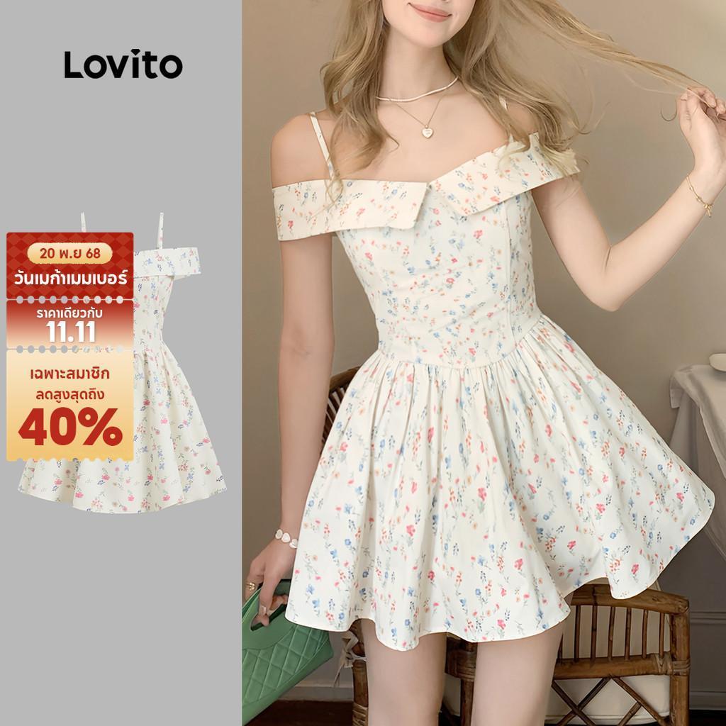 Lovito น่ารัก ดิทซี่ ดอกไม้ลายไหล่เย็นฤดูใบไม้ผลิ/ฤดูร้อนปิดชุดเดรสสีขาวสําหรับผู้หญิง L136AD222