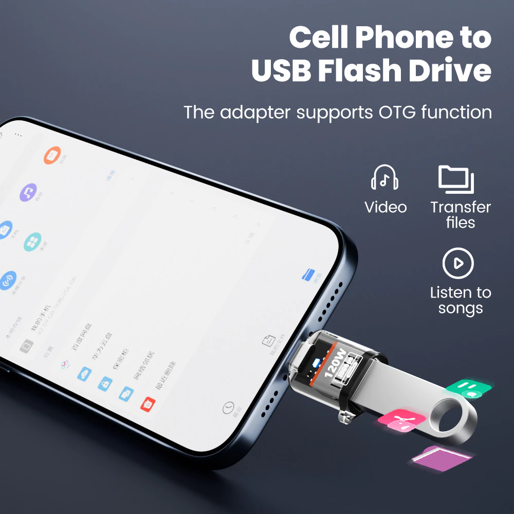 120W ประเภท C ถึง USB A OTG อะแดปเตอร์ USB 3.2 ประเภท C Fast Charging Connector สําหรับ IPhone 16 17 Macbook IPad Huawei Xiaomi thumbnail 7