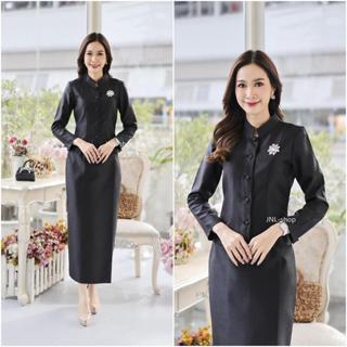 (ขายแยกเสื้อ-ผ้าถุง)ชุดไทยจิตรลดาสีดำ ผ้าไหมสี่เส้นอัดกาวทั้…
