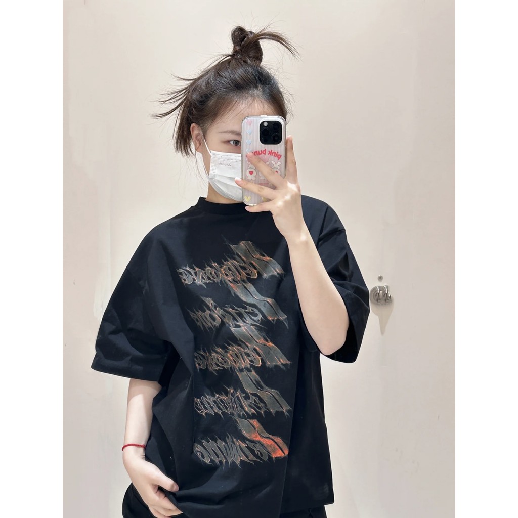 LUG4 welldone Flame Orange Lettering Bullet Screen Short Sleeve Loose Casual330g Pure Cotton T T-shi